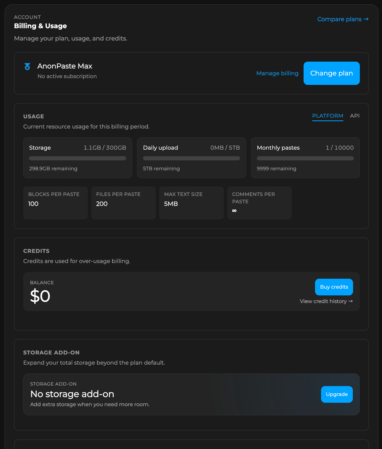 AnonPaste Billing and Usage dashboard with paste management