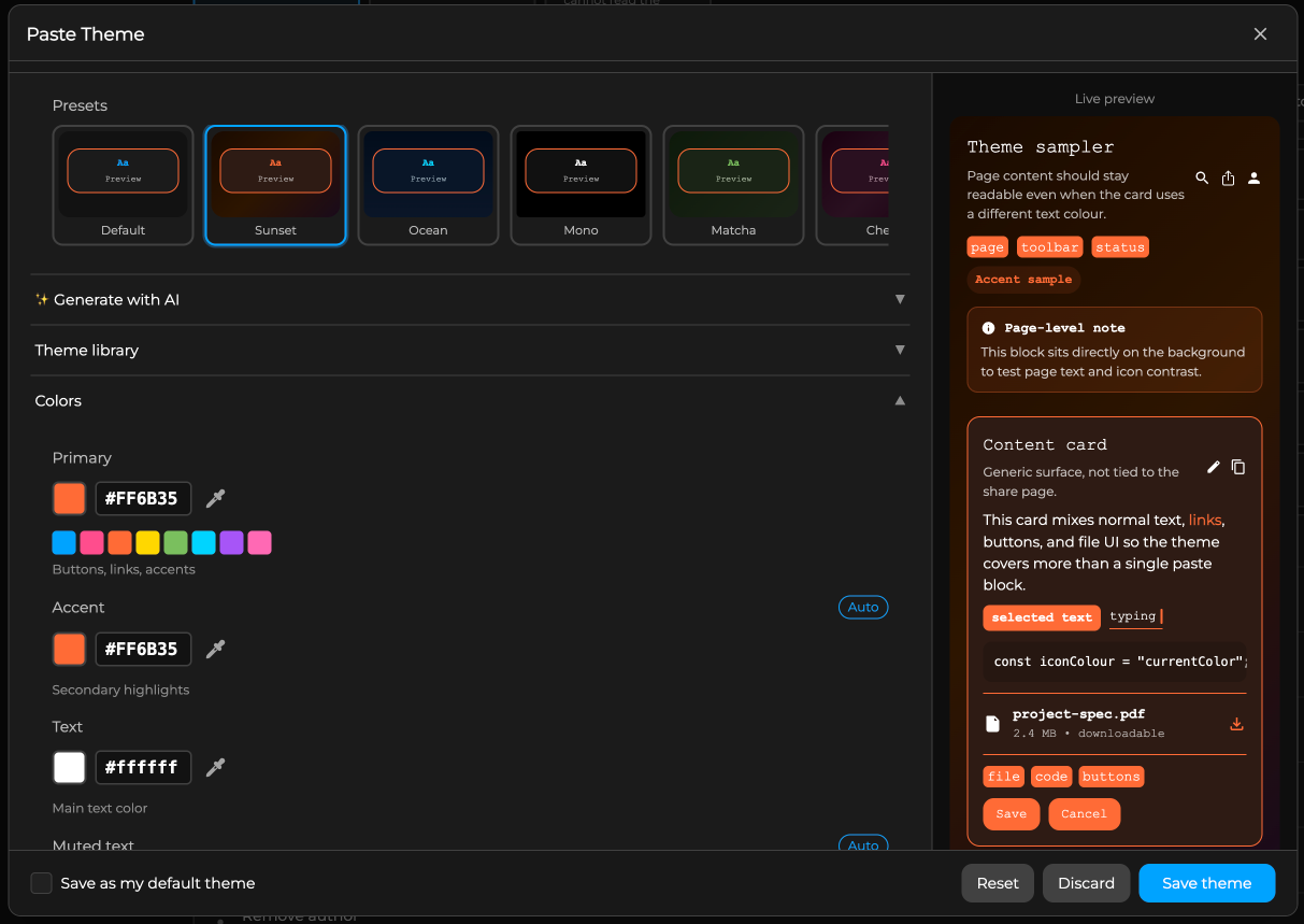 AnonPaste theme builder and paste presentation controls